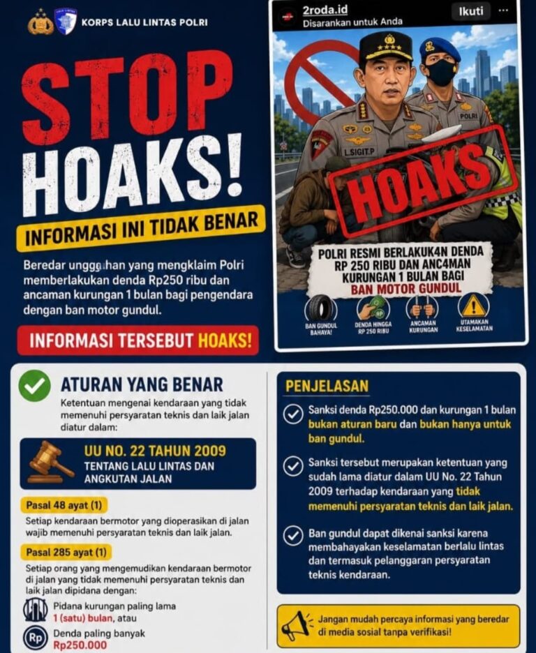 Korlantas Polri: Masyarakat Diimbau Tidak Mudah Percaya Hoaks Terkait Polisi Akan Denda Rp250 Ribu untuk Ban Gundul