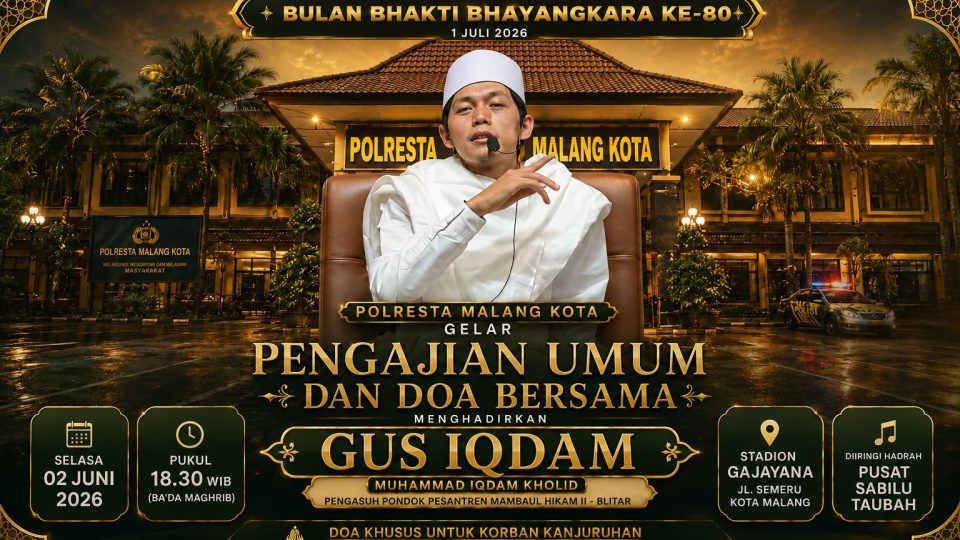 Sambut Bulan Bhakti Bhayangkara ke-80, Polresta Malang Kota Hadirkan Gus Iqdam Doa Bersama dan Pengajian Umum
